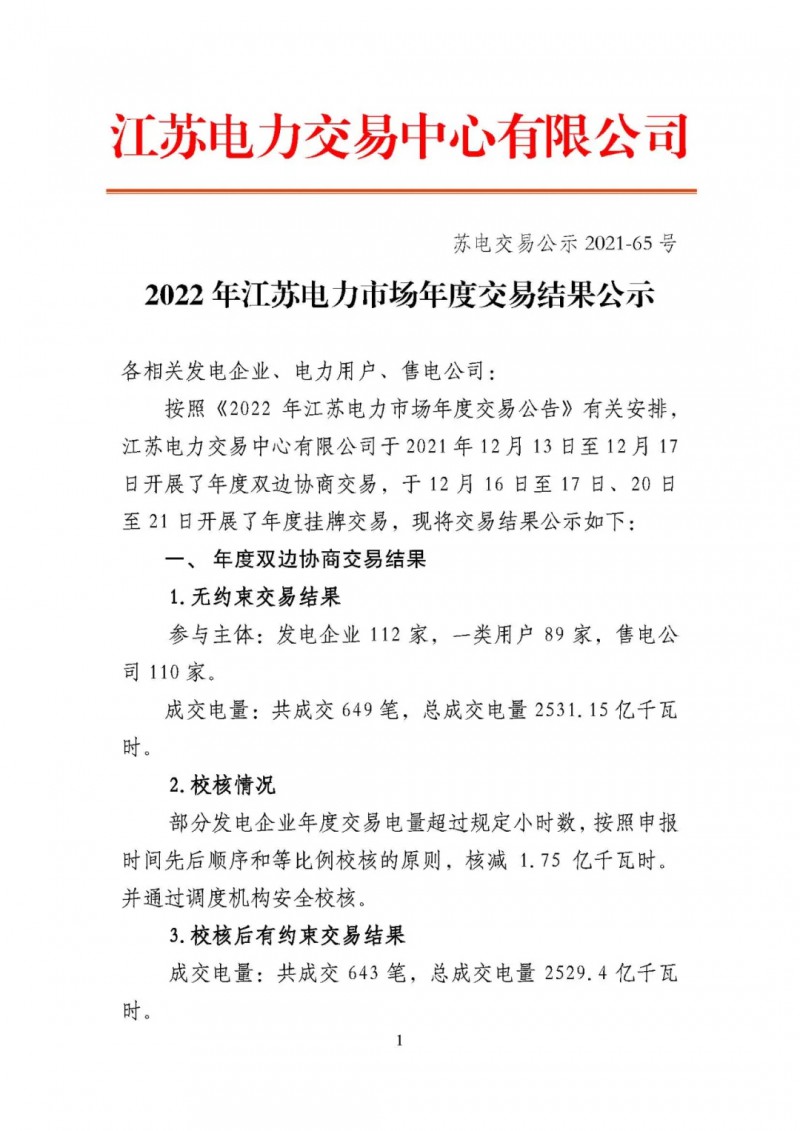 江苏公示2022年度电力市场交易结果：绿电交易9.24亿度，均价462.88元/兆瓦时