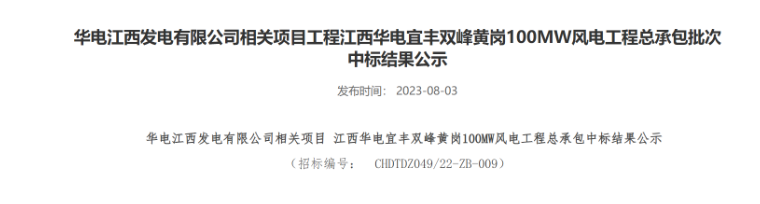 超2亿元！华电100MW风电总承包项目中标公示